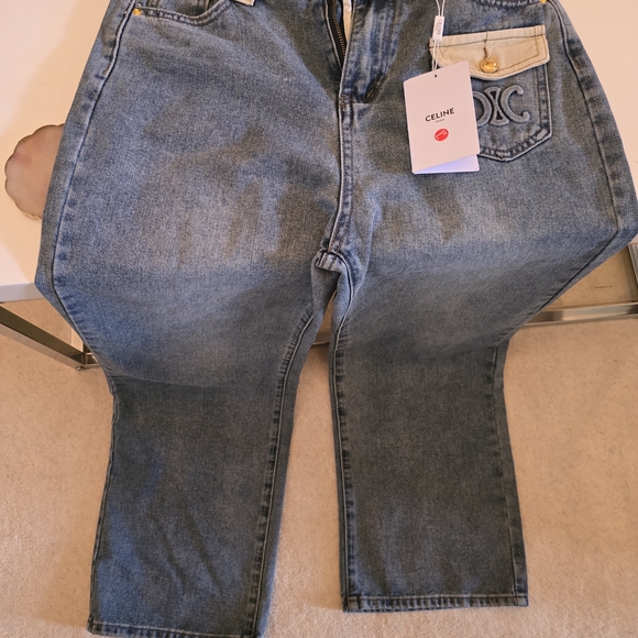 Celine Wide-Leg Blue Denim Jeans with Branded Pocket